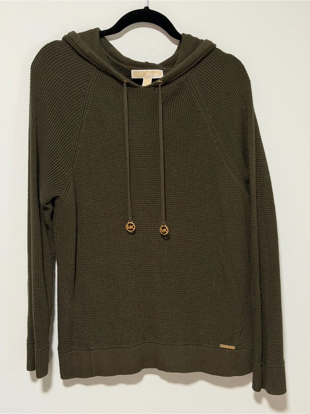 Michael Kors Olive Green Waffle Weave Hooded Sweater with Gold MK Charms